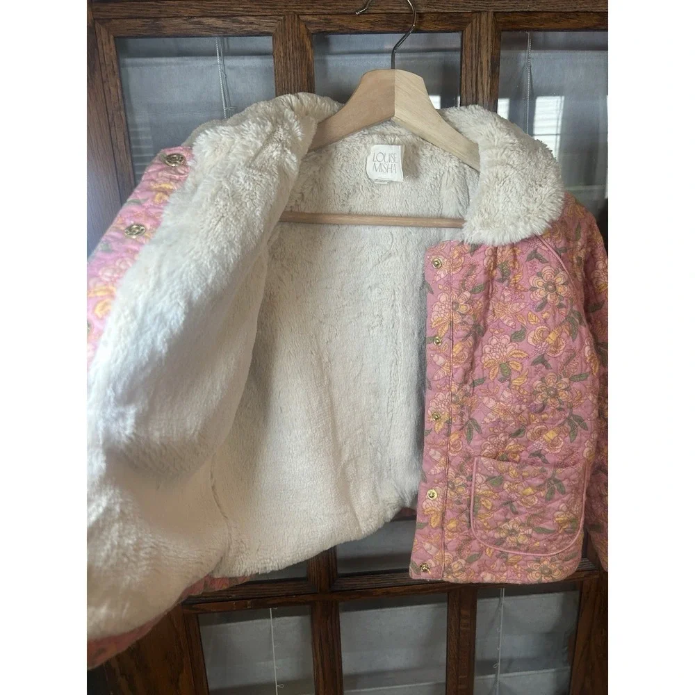 Louise Misha Jasmina Quilted Floral Jacket with Faux Fur Collar - Pink